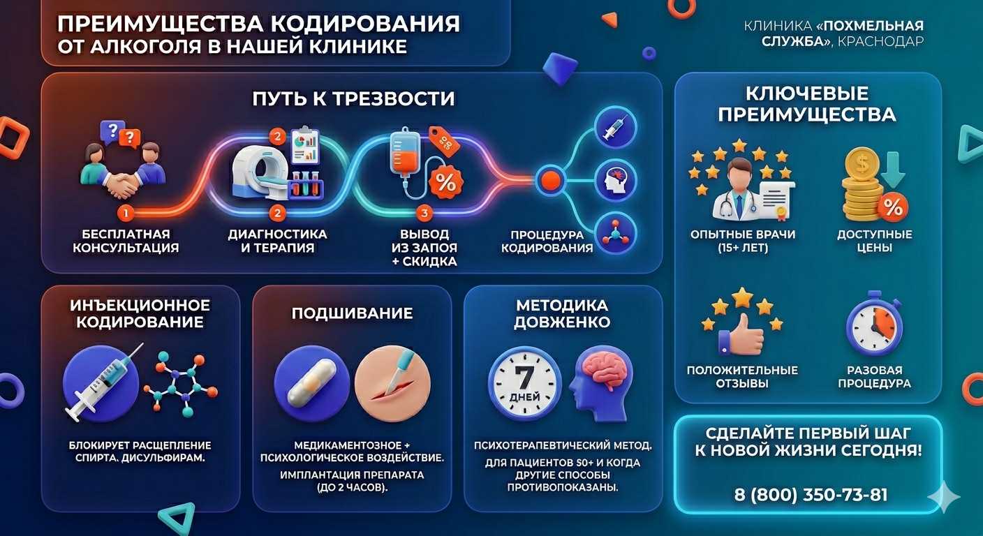 Инфографика о методах кодирования от алкоголя в Агое: инъекции, подшивание, метод Довженко. Преимущества клиники и этапы лечения.