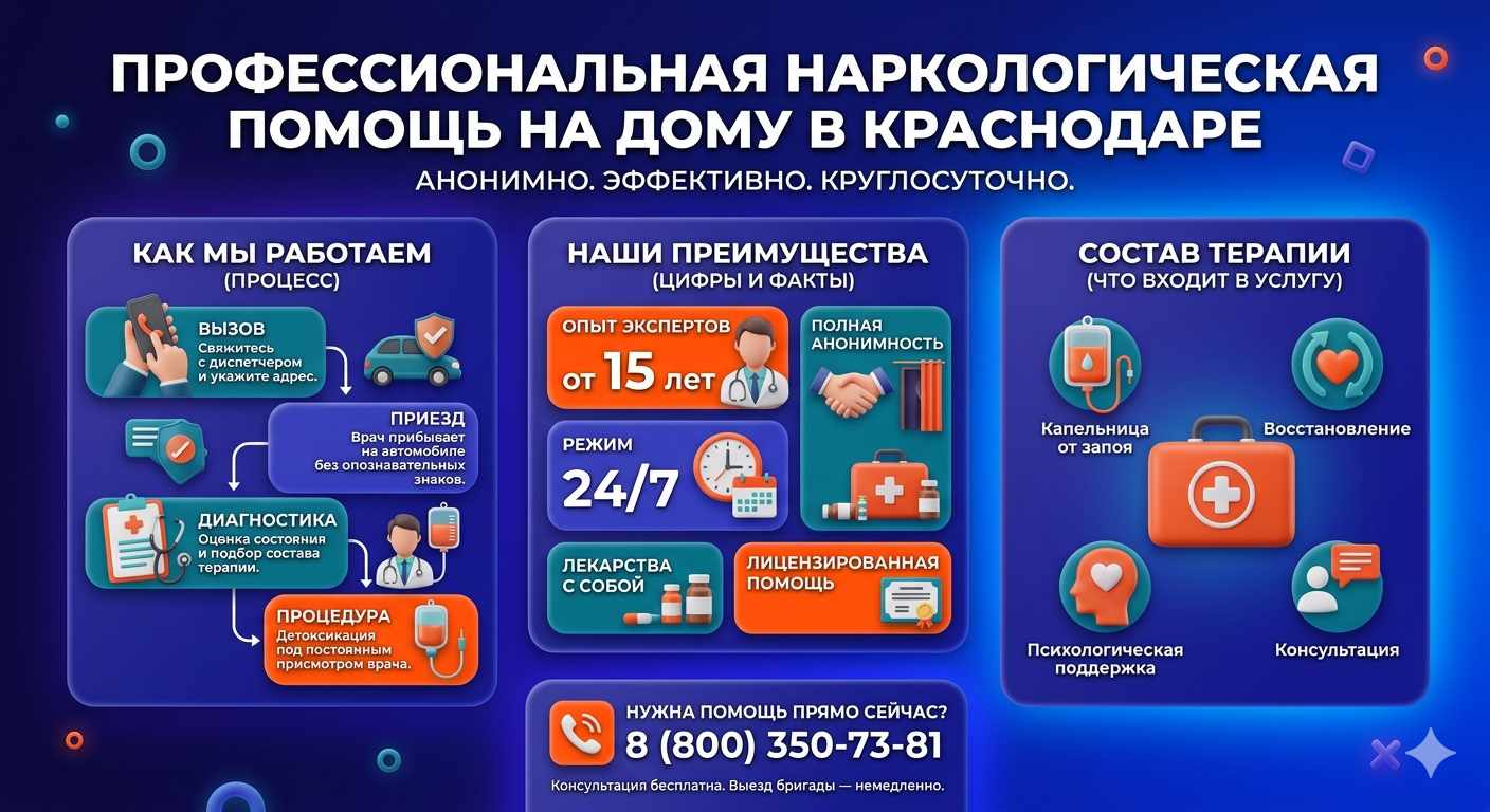Инфографика о принципах лечения алкоголизма на дому в Агое: этапы вызова нарколога, преимущества анонимной детоксикации и состав медицинской помощи.
